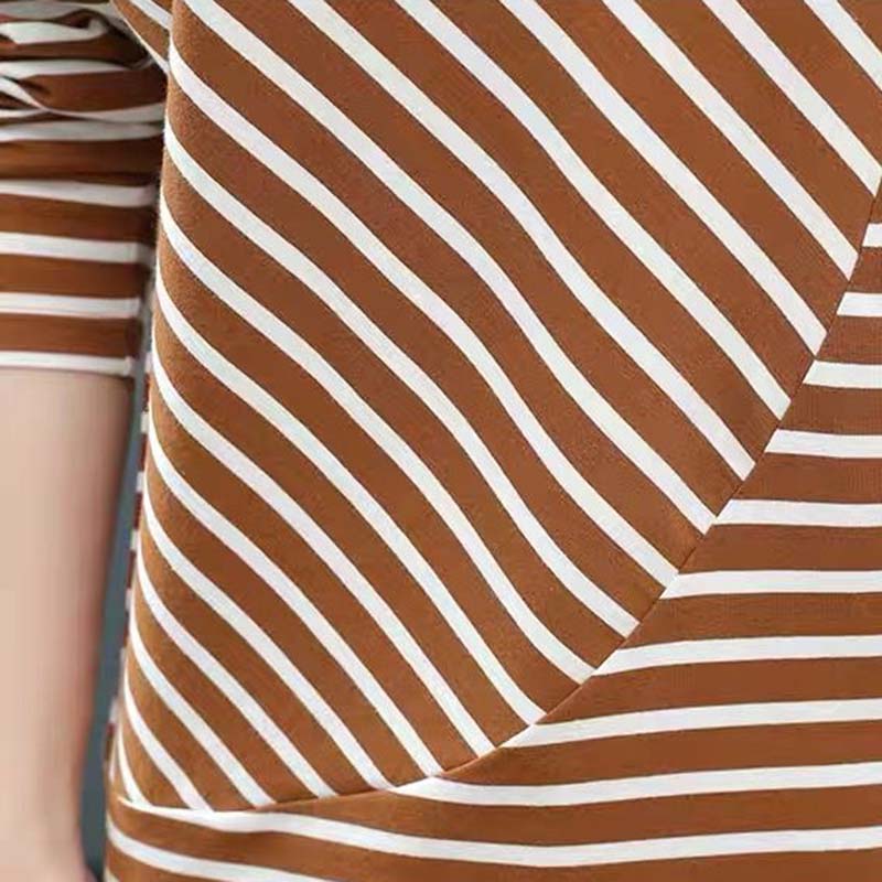 Women's Spring and Autumn Large Size T-shirt  Loose Bottoming Shirt Round Neck Striped Long Sleeve All-match Top