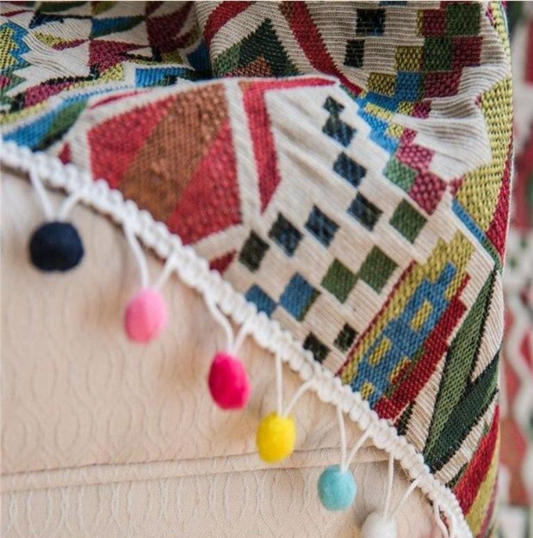 Curtain Finished Jacquard European Country Color Geometric Tassel Bohemian Bedroom Curtain Bay Window Semi-blackout Curtain