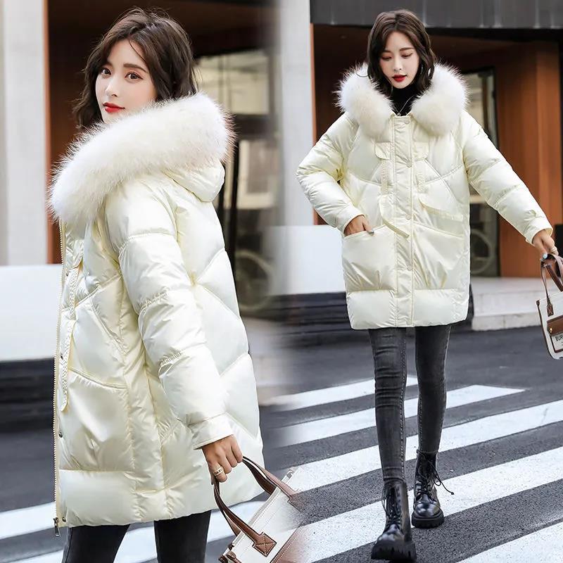 Winter Down Padded Jacket Women Mid-length Large Fur Collar Loose Thick Padded Coat Women Bright Face Disposable