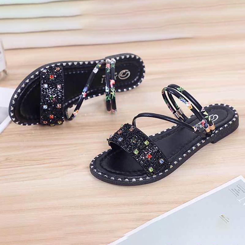 Outing Two-wear Slippers Women's Summer Fashion Out-wearing Rhinestone All-match Dual-use Sandals Flat Summer Sandals