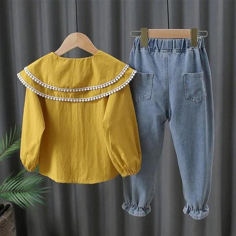 Girls' Suits Spring and Autumn Clothes Autumn Clothes Shirts Denim Long Pants Children's Clothes Big Children's Autumn