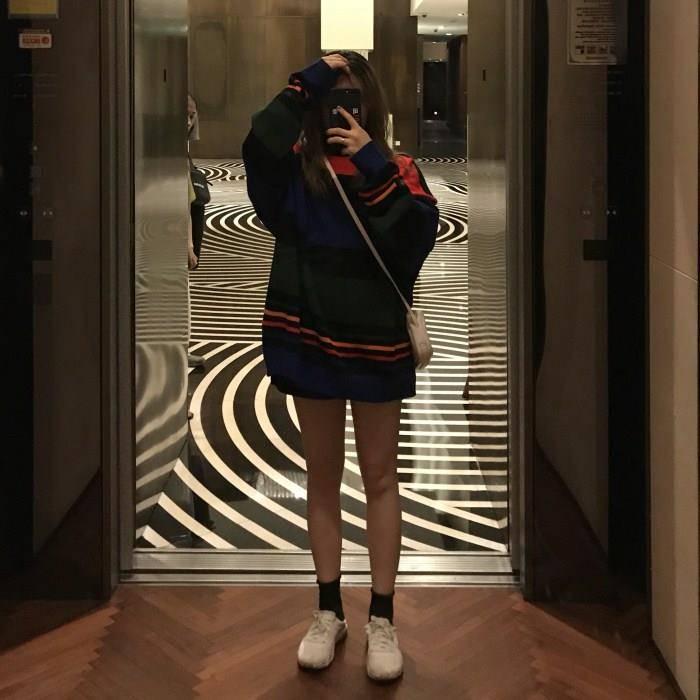 Pofulove Autumn Winter Color Striped Sweater Women Long Round Neck Students Loose Pullover Coat