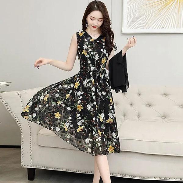 Chiffon Dress Tulle Cardigan Two-piece Set Women's Summer Sleeveless Floral Priting Dress+ Sunscreen Shawl Thin Coat Elegant Anti-UV Sun Dress Suit