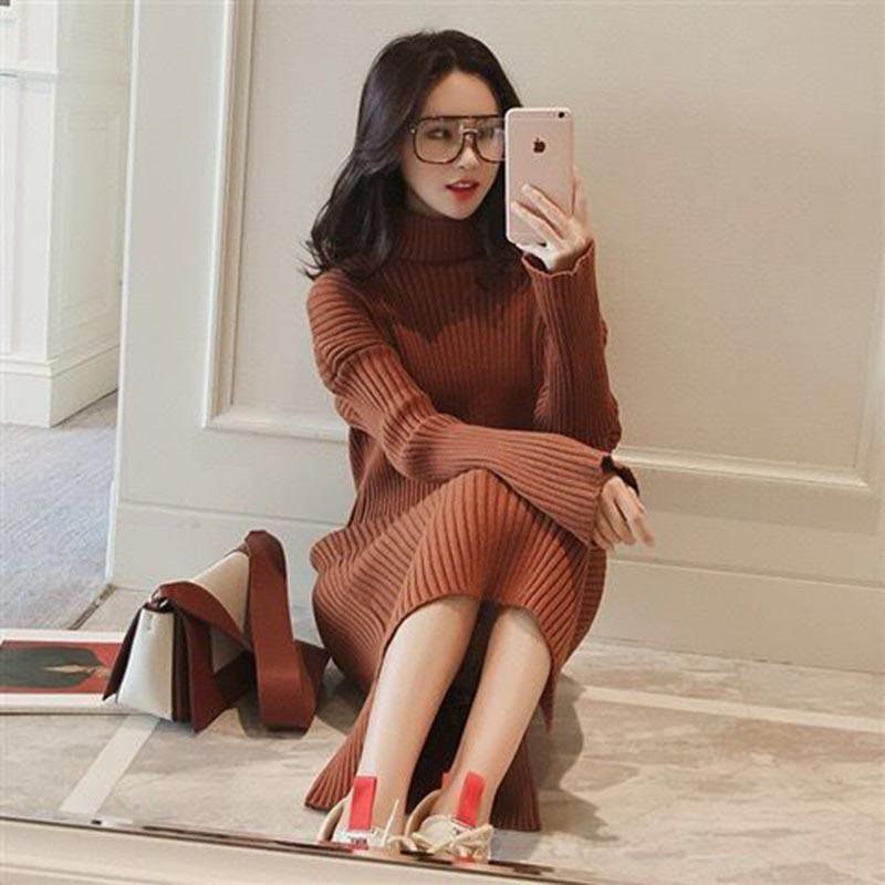 Women Knitted Sweater Pullovers Turtleneck Dress Long Slim Elastic Long Sweater Dress Female Jumper