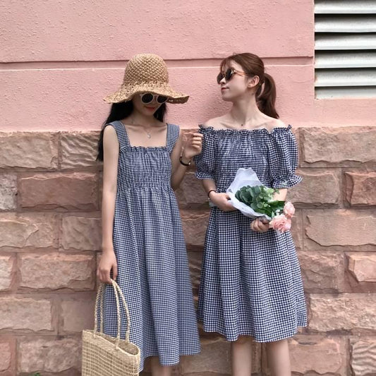 Summer Ruffled Elasticated Shoulder Slash Neck Plaid Strap Dress Mid-length Girls Dress