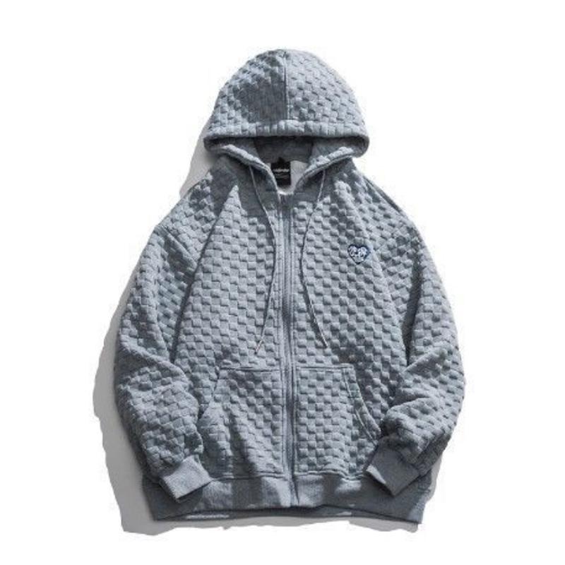 Waffle Cardigan Sweater Men's Hooded Spring and Autumn Zipper Solid Color Sports Top Loose Casual Jacket