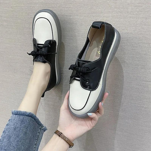 Autumn Color-blocking Flat Shoes Women's Soft Leather Korean Style Retro Casual Sneakers Girls Shallow Mouth Leather Shoes Casual Shoes