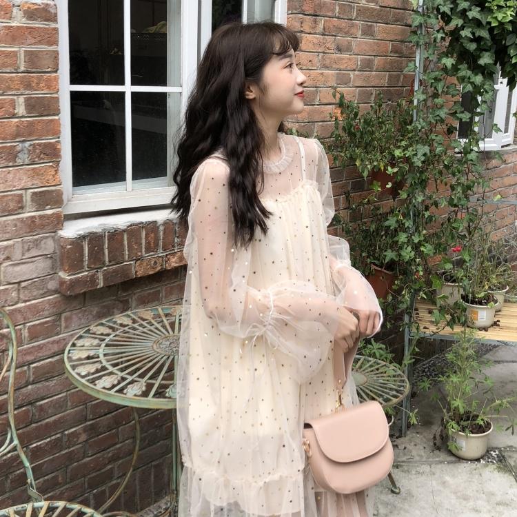 Spring and Summer Sweet Mesh Dress Female Student Sequined Tie Bow Long Skirt