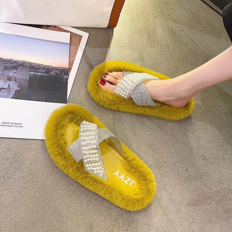 Pearl Plush Slippers Women Wear Thick-soled Non-slip One-word Cotton Mop Home Interior Floor Mop Women's Cute Cotton Slippers