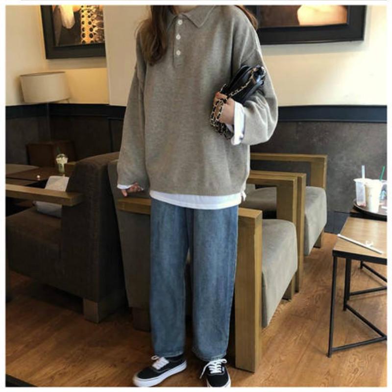 Pofulove Solid Color POLO Collar Sweater Jacket Female Autumn Winter College Style Sweater