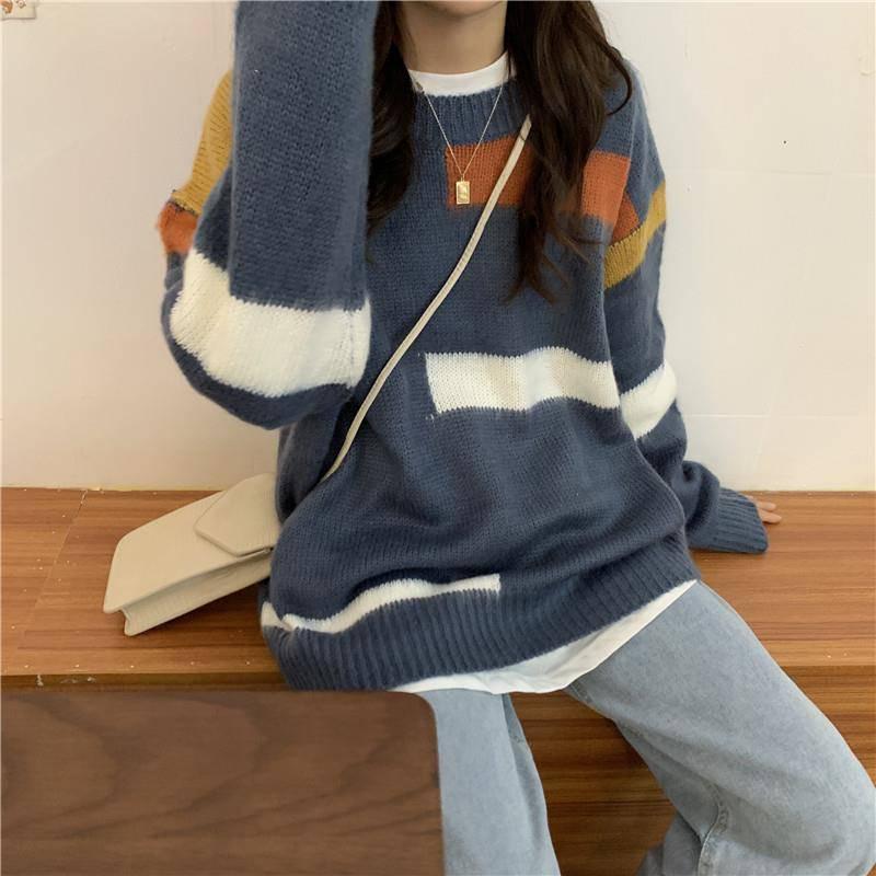 Pofulove Winter Korean Lazy Color-matching Sweater Female Loose Wild Mid-length Pullover Sweater