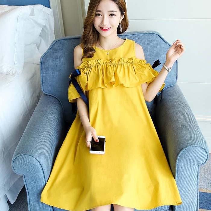 Pofulove Women Solid Color Off Shoulder Shirt Dress Office Lady Loose Thin Mid-length A-line Dress