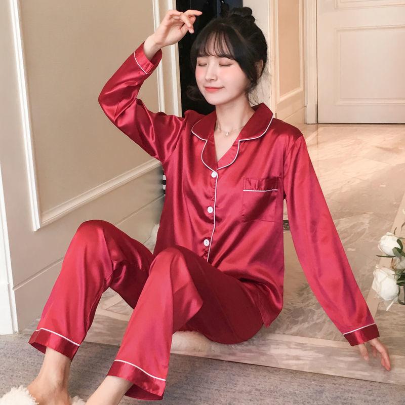 Pajamas Women's Spring and Autumn Models Long-sleeved Large Size Women's Thin Ice Silk Sexy Suit Loose Home Clothes Fabric Soft and Silky