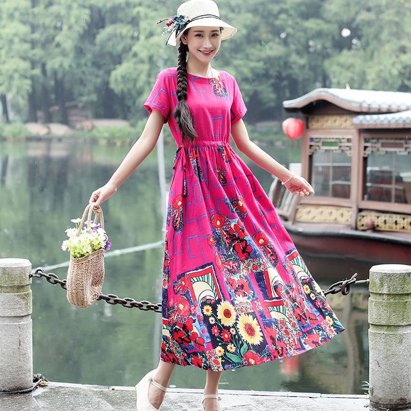 Women Ethnic Style Printed Dress Summer Loose Large Size Short-sleeved Literary Retro Waist Long Skirt