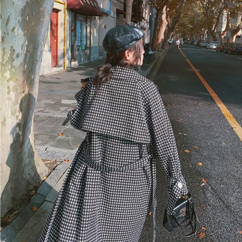 Autumn and Winter Woolen Coat Black and White Houndstooth Long Woolen Coat Over The Knee and Waist Plus Size Women's Woolen Coat