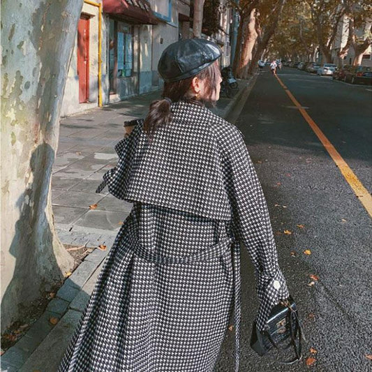 Autumn and Winter Woolen Coat Black and White Houndstooth Long Woolen Coat Over The Knee and Waist Plus Size Women's Woolen Coat