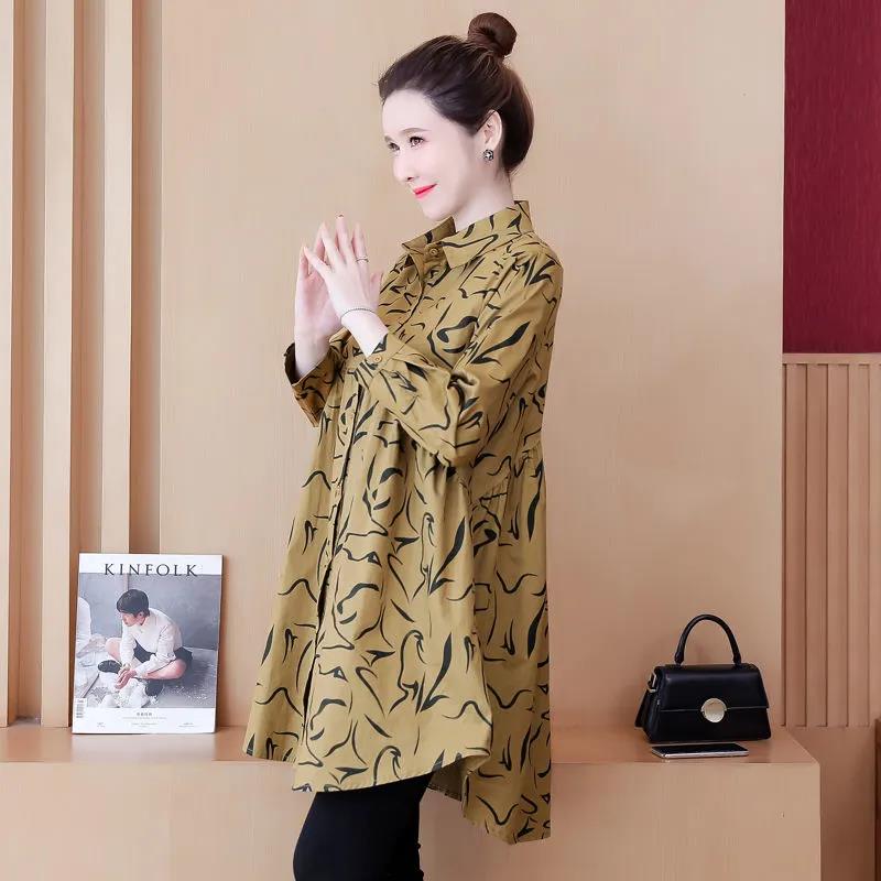 Shirt Women's Spring and Autumn Large Size Loose Fashion Temperament Printing Cover Belly Fat Woman Mid-length Shirt