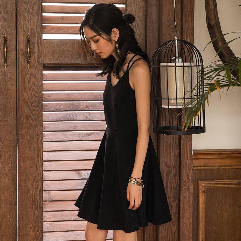 Summer Sexy Black Sling Dress Hepburn Style Black Beach Dress Travel Vacation Sexy Dress Female