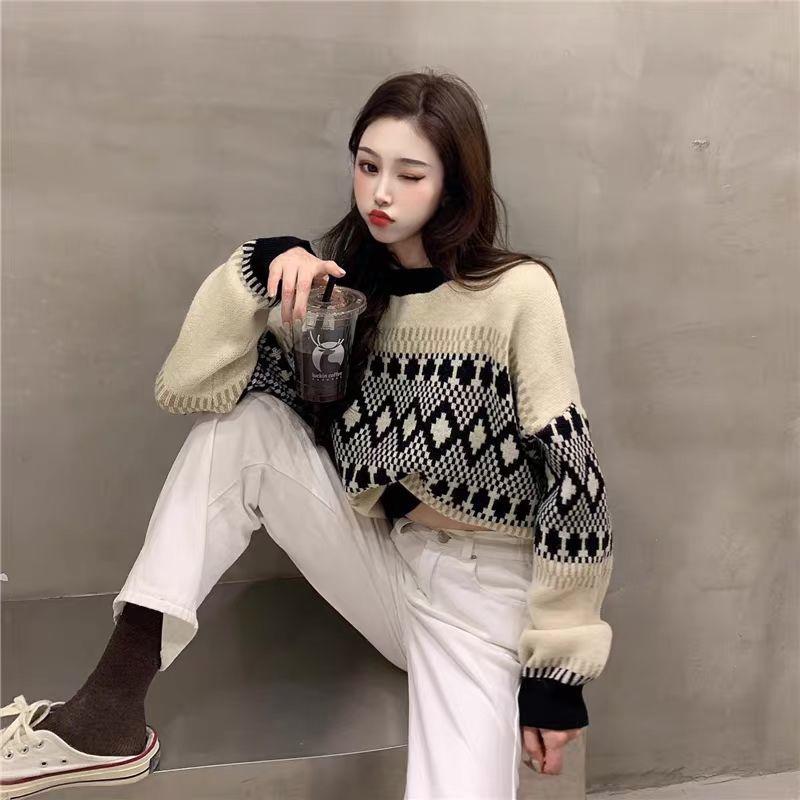 Sweater Autumn  Winter Loose Long-sleeved Women's Fashion Retro Round Neck Casual Padded Pullover Knitted Top