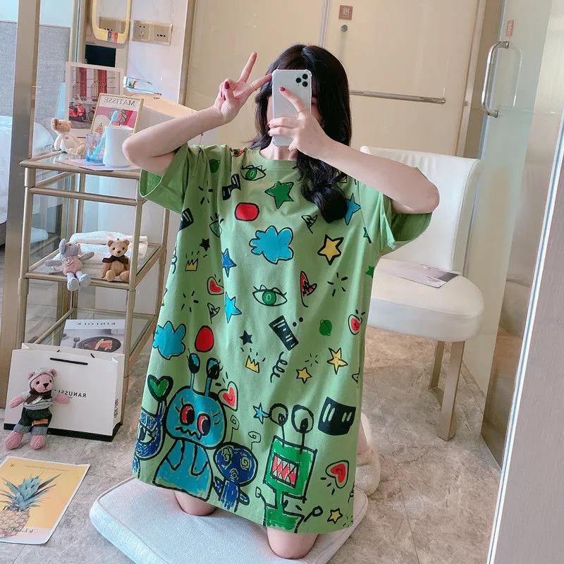 Painted Graffiti Women Dress Girl Loose O-Neck Casual Long T-shirt Dress Big Loose Home Outer