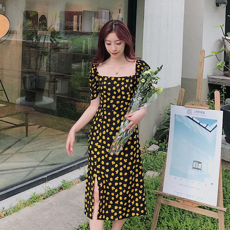 Women's Summer Floral Dress Square Neck Puff Sleeves Thin Mid-Length Skirt