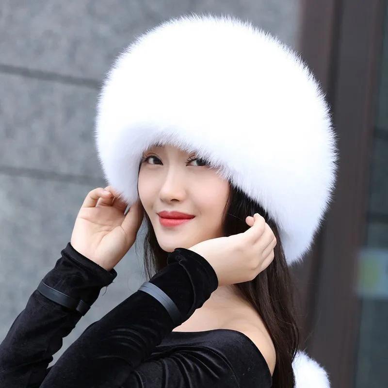 Women's Winter Hat Imitated Fox Fur Ball Plush Beret All-match Adjustable Hat Warm Cold Proof Ear Protection Hat Solid Fluffy Plushy Top Cap Fur Hat
