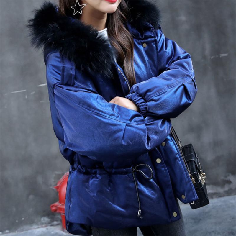 Women's Solid Color Hooded Down Jacket Regular Korean Loose Thick Coat Warm Cotton Coat Large Leather Collar Winter Coat Quilted Coat