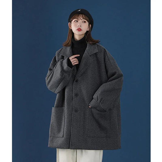 Fashion Lapel Mid-length Winter Women's Woolen Coat Classic Parker Style Solid Color Coat  Button Coat