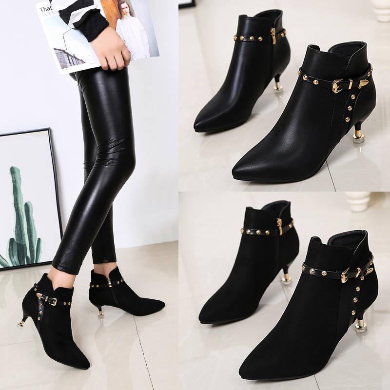 Autumn Winter Thick with High-heeled Ankle Boots Women Plus Velvet Pointed Short Boots Martin Boots