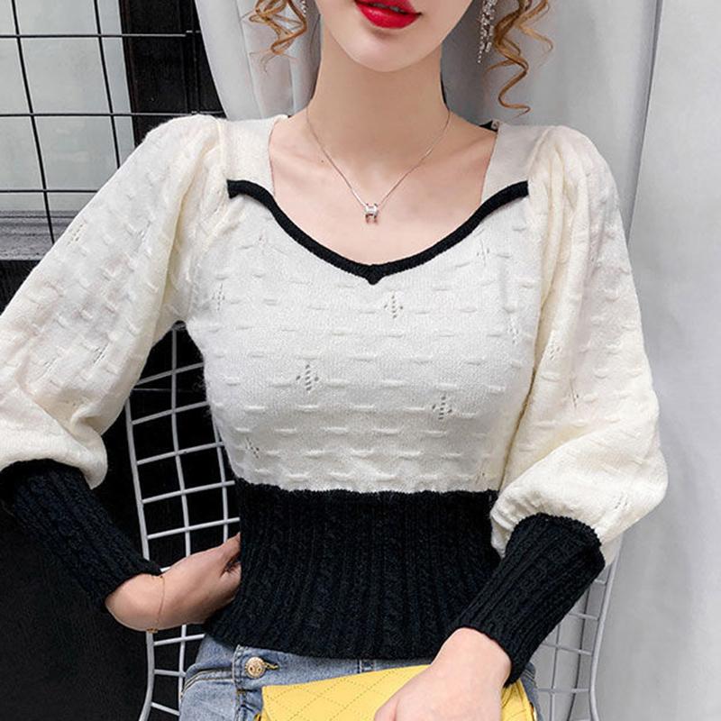 Autumn Winter Long-sleeved Pullover V-neck All-match Sweater with Knitted Tops for Women Slim Fit