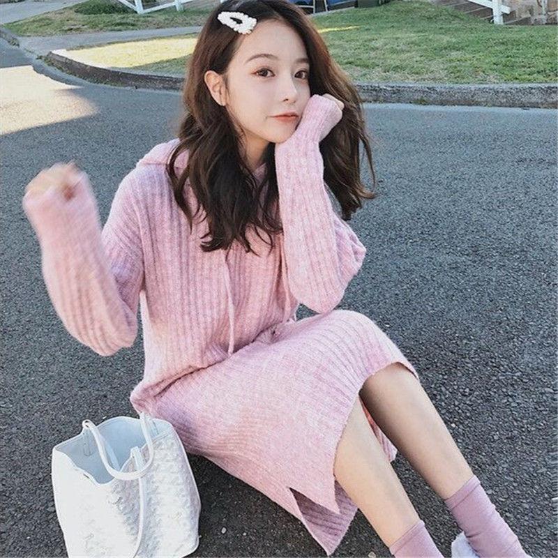Autumn  Winter Thick Korean Mid-length Sweater Women Over The Knee Knit Sweater Dress Versatile Hooded Base Skirt