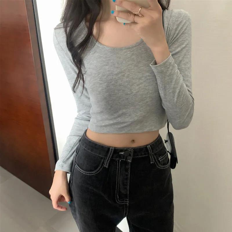 Spring Fall Summer Fashion Women Clothes Cotton Round Collar Long Sleeves Elastic High Waist Sexy Pullover