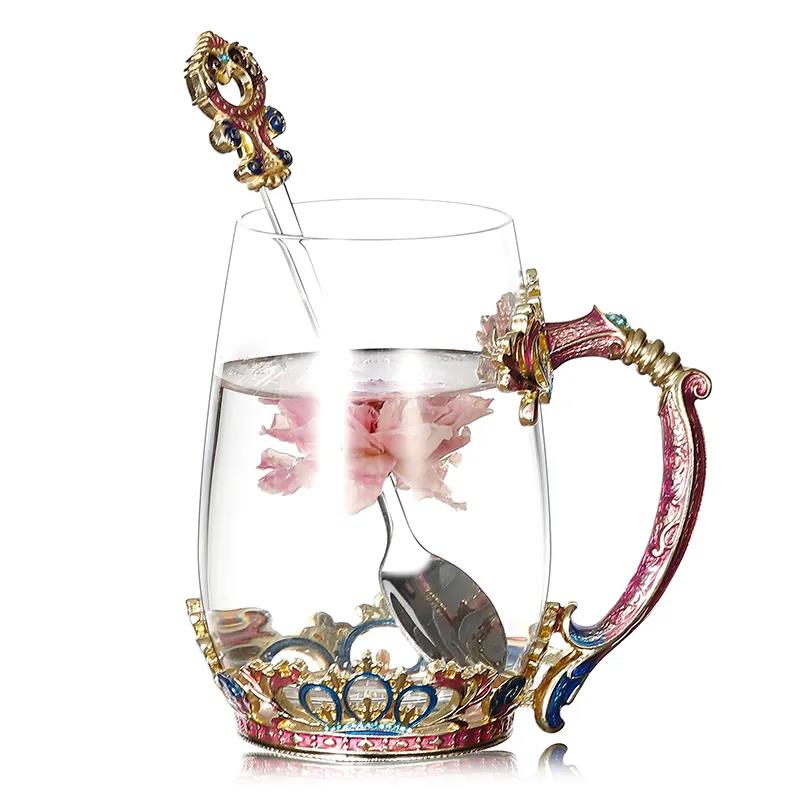 Retro Enamel Color Water Cup Flower Teacup Personality Trend Glass Female Teacup Creative Home Coffee Cup with Lid Spoon