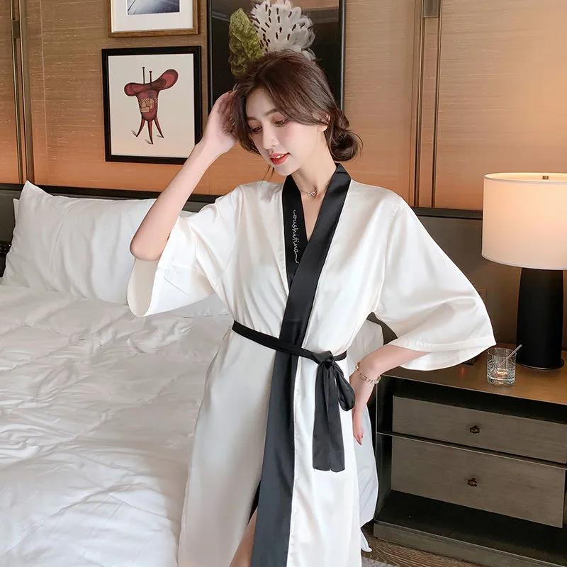 Japanese Summer Ice Silk Robe Bathrobe Home Service Silk Bride Bridesmaid Dressing Gown Simulation Silk Nightgown Female Plus Size Pajamas Skirt