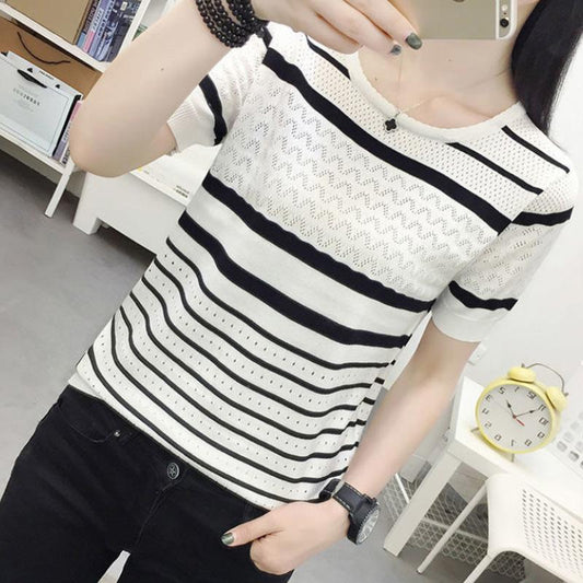 Ice Silk Sweater Girls Thin Short-sleeved Hollow Top Summer Loose Striped T-shirt Fashion and Elegant