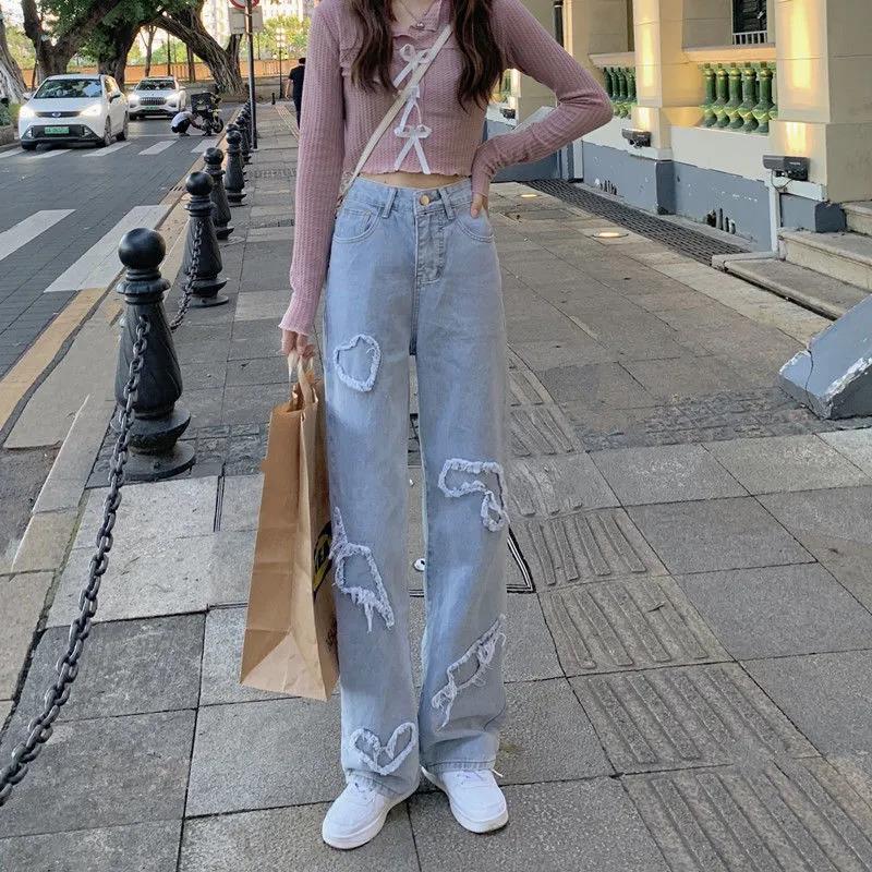 Retro Patch Jeans Female Autumn High Street VIBE Wind Wild Display Thin Vertical Straight Wide Leg Pants