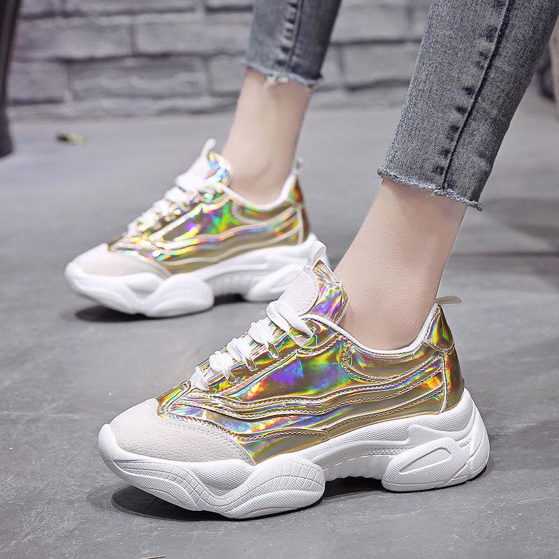 Women Sneakers Heel Platform Sneakers Bling Fluorescent Holographic Dad Chunky Shoes Vulcanize Shoes