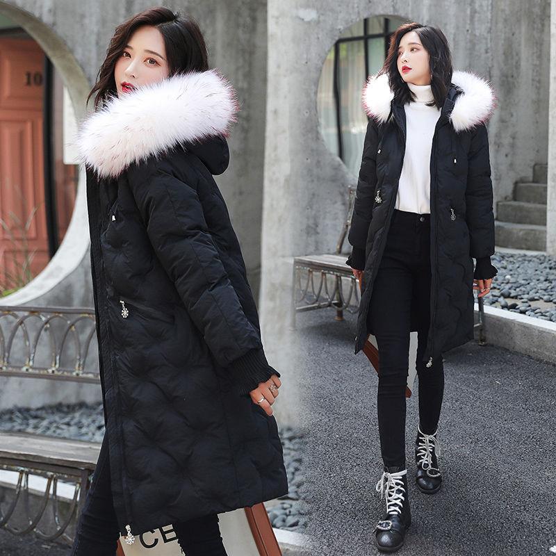 Women's Solid Color Embroidered Down Jacket Mid-length Korean Style Loose Thick Coat Warm Cotton Coat Large Fur Collar Winter Quilted Jacket
