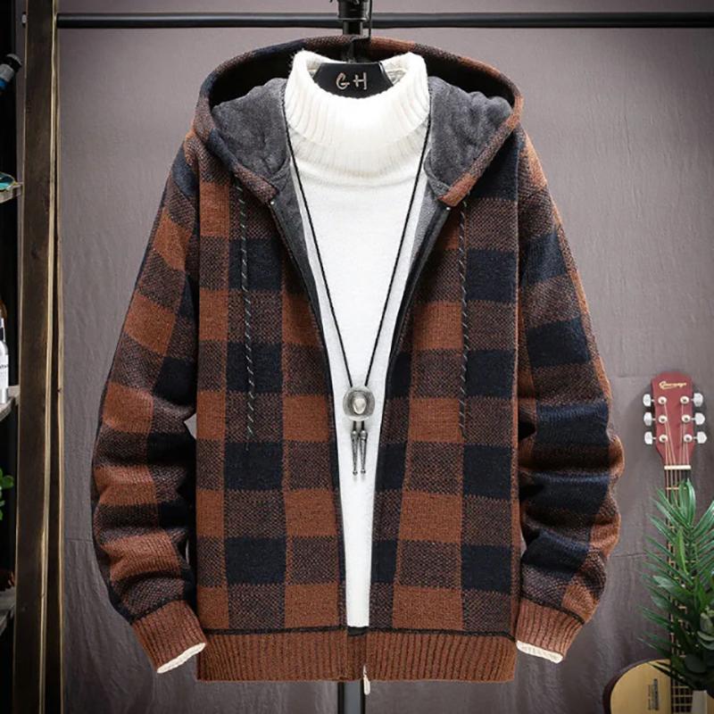 Autumn Men's Sweater Hooded Zipper Cardigan Stitch Jacket Large Size Casual Plus Velvet Thickening To Keep Warm