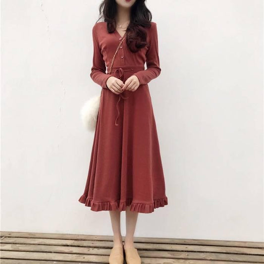 Autumn skirt new female was thin V-neck slim long-sleeved waist bandage first love skirt retro dress
