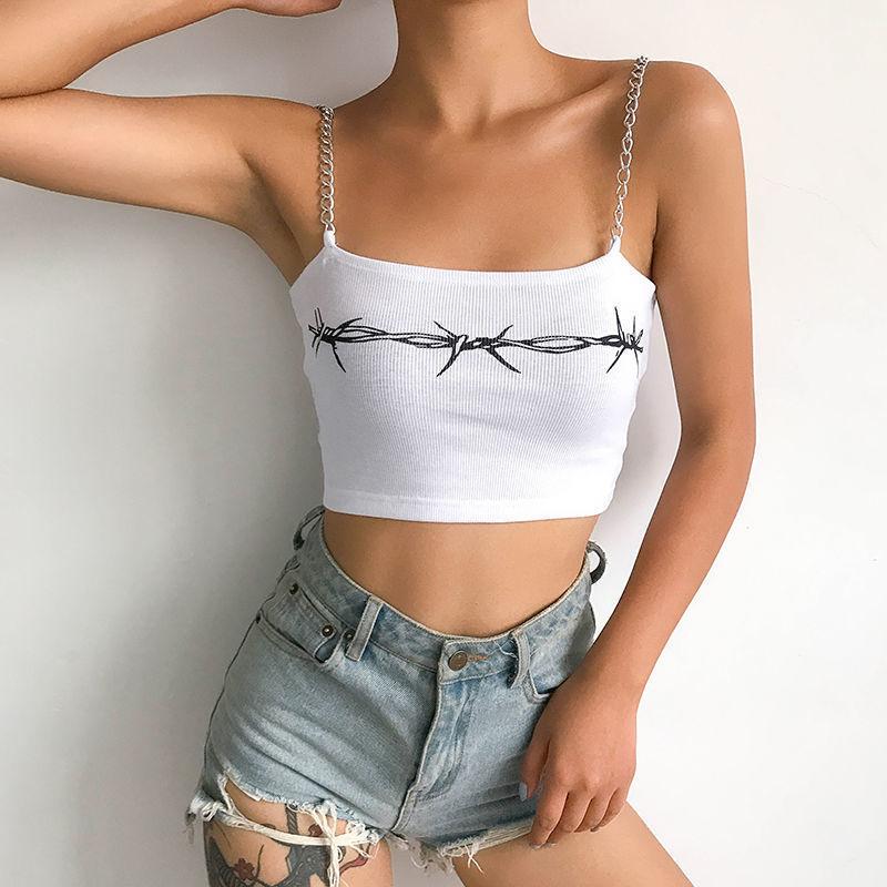 Printed Strapless Sexy Vest Summer Short Blouse E-girl Fitness Sportswear Metal Chain Strap Camisole