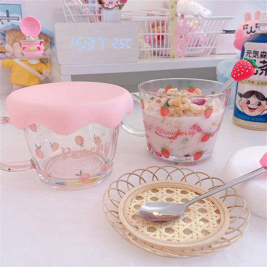 Cute Strawberry Peach Holding Cup Glass Bowl Breakfast Cereal Student Girl Milk Coffee Oatmeal Heat Resistant Kawaii Mug