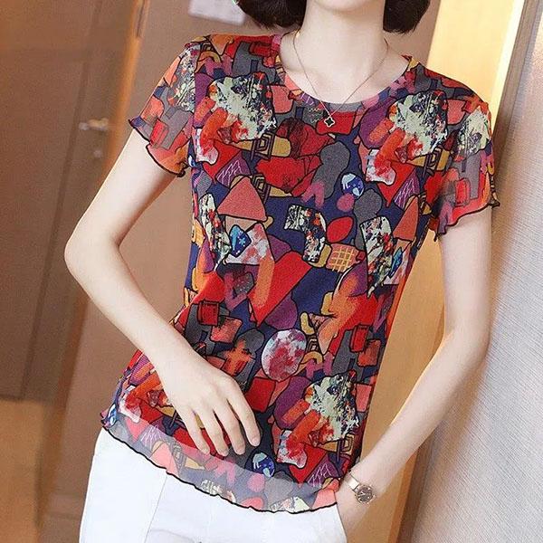 Printed Lace Shirt Large Size Stretch Mesh T-shirt Women's Summer Round Neck Short-sleeved Slim Elegant Imitation Silk Tops
