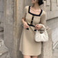 Female Vintage Knitted Short Sleeve Party Dress Slim Elegant Square High Waist Button Holiday Dress
