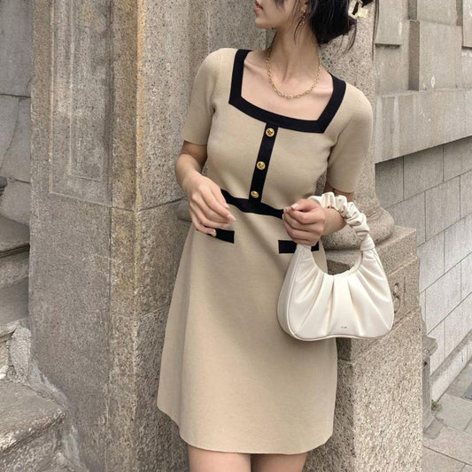Female Vintage Knitted Short Sleeve Party Dress Slim Elegant Square High Waist Button Holiday Dress