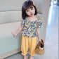 Girls Suit Summer Thin Korean Style Floral Short Sleeved Trousers Two Piece Set Casual Wear with Ruffles Puff Sleeve