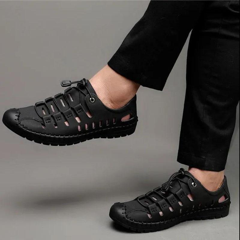 Men's Genuine Leather Breathable Leather Sandals Men's Casual Hollow Hole Shoes Non-slip Soft Sole Leather Sandals