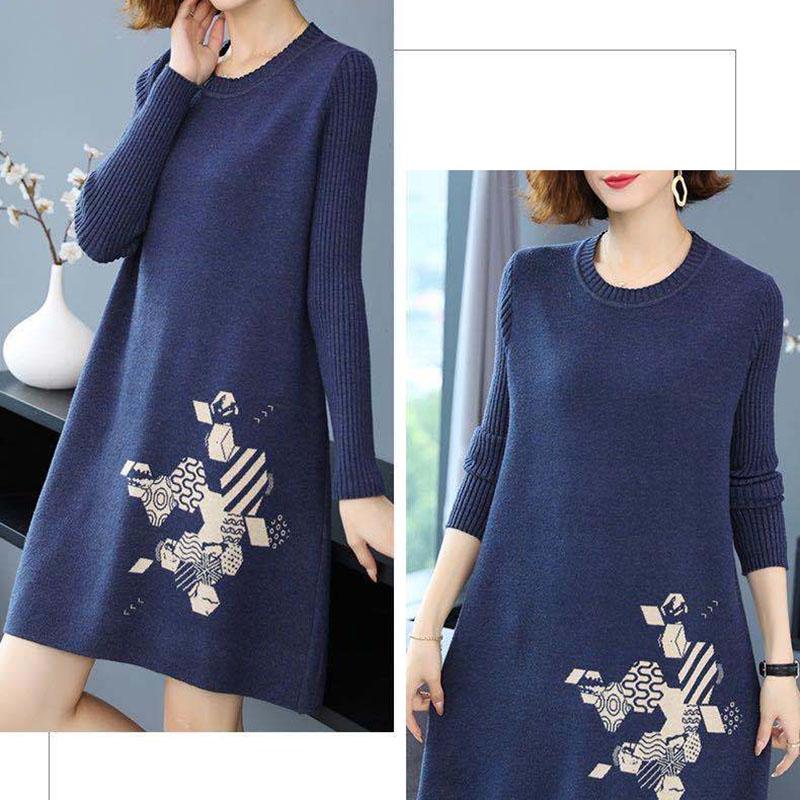 Autumn and Winter Loose Mid-length Dress Large Size Casual Printing Base Skirt Temperament Middle-aged Women Sweater Dress