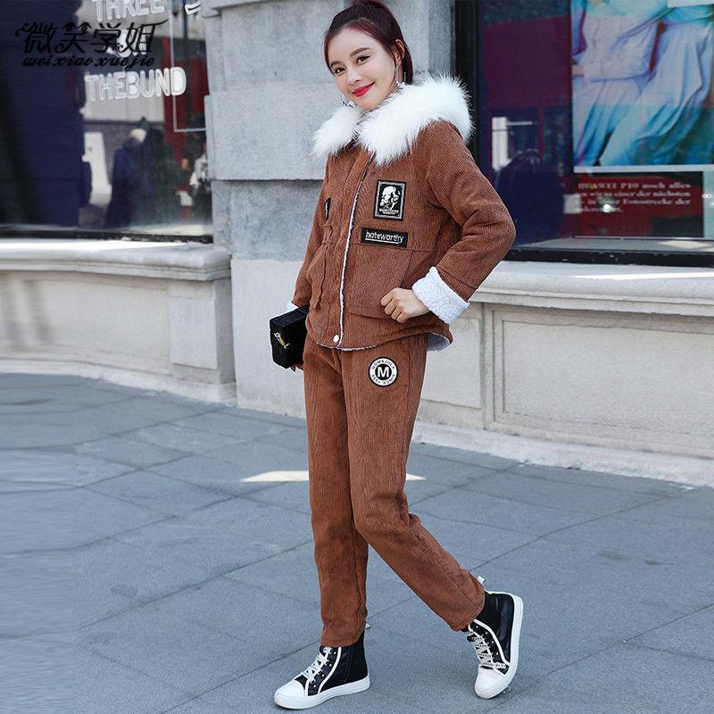 2pcs/set Winter Parka Women Fleece Liner Hooded Parka Coat+ Pant Two-piece Set Ladies Causual Warm Jacket   Outwear Outfits