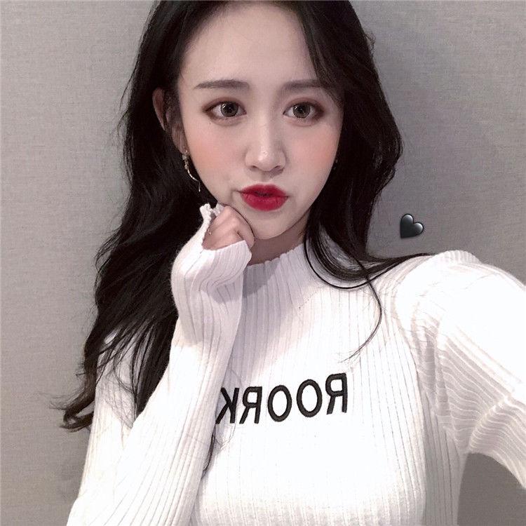 Pofulove Half Turtleneck Lettering Sweater Knit Sweater Top Retro Slim Long Sleeve Pullover